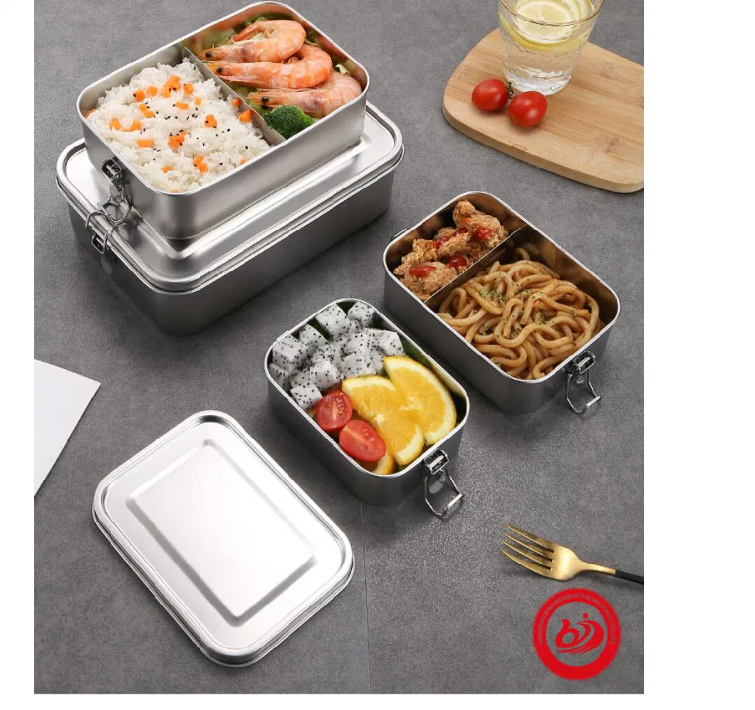 Rectangular Outdoor Picnic Easy to Clean Storage Stainless Steel Camping Lunch Box with Buckle